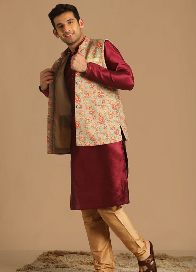 alt message - Manyavar Men Grey Jacket With Multicolor Floral Prints image number 1